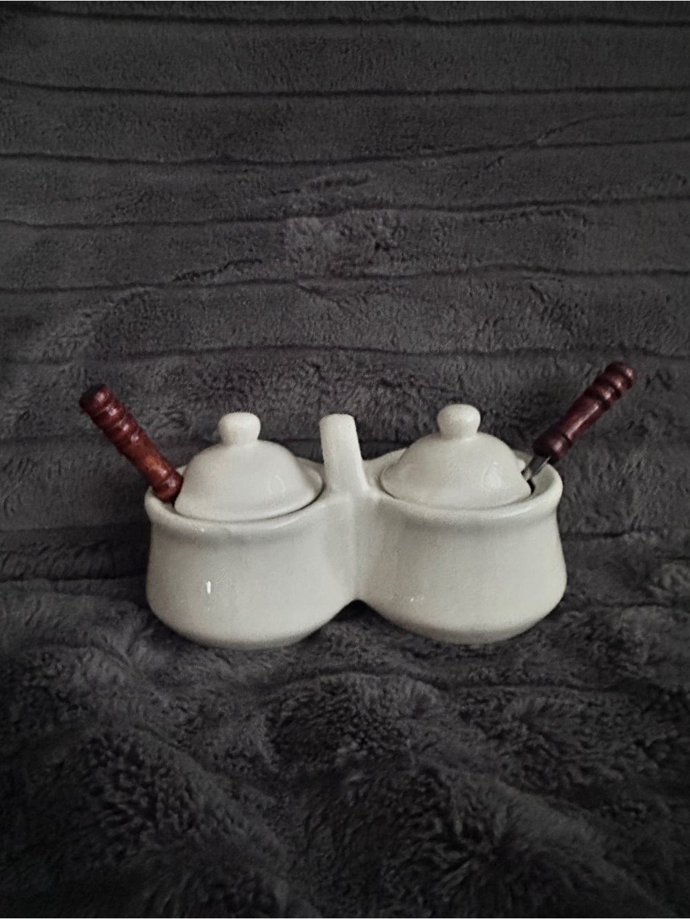 White Ceramic Double Condiment Server with Wooden Spoons